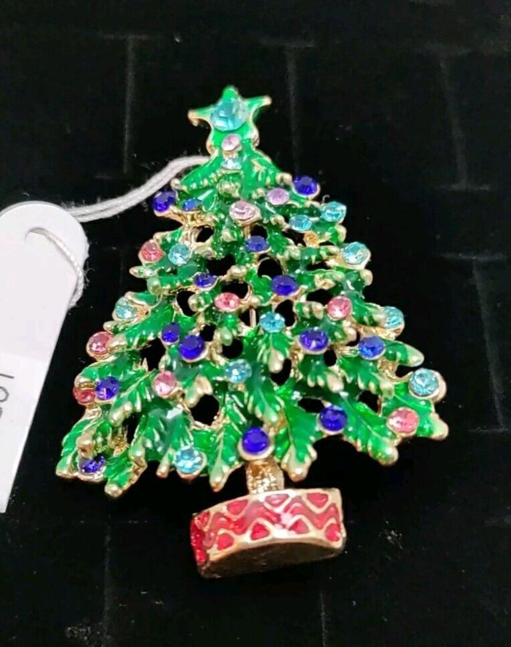 Green Enamel/ Rhinestone Christmas Tree Brooch/ Pendant